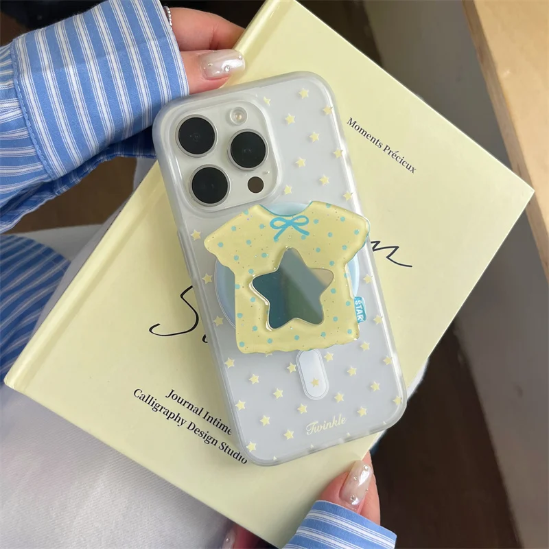 

Cute White Yellow star Magsafe Wireless Charge Case For iPhone 13 14 15 16Pro Max T-shirt clothing Glitte mirror Magnetic Holder