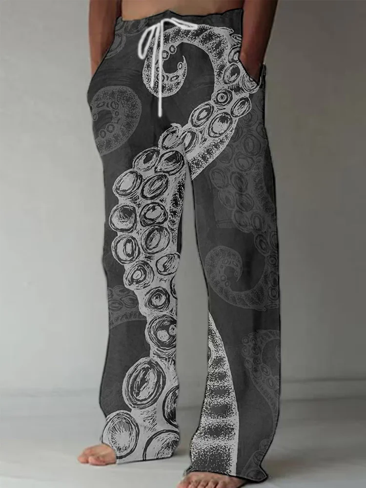 New Men's Casual Pants Wide Leg 3D Digital Print Octopus Pattern Versatile Comfortable Fit Fashionable Straight Leg Trousers