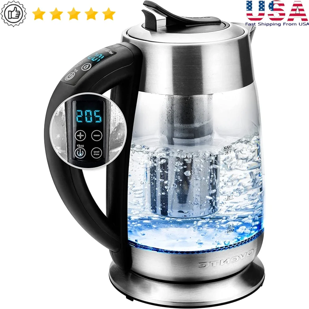 

1.8L Glass Electric Kettle with Stainless Steel Infuser Auto Shut Off Smart Touch Temperature Control Keep Warm Function 1500W