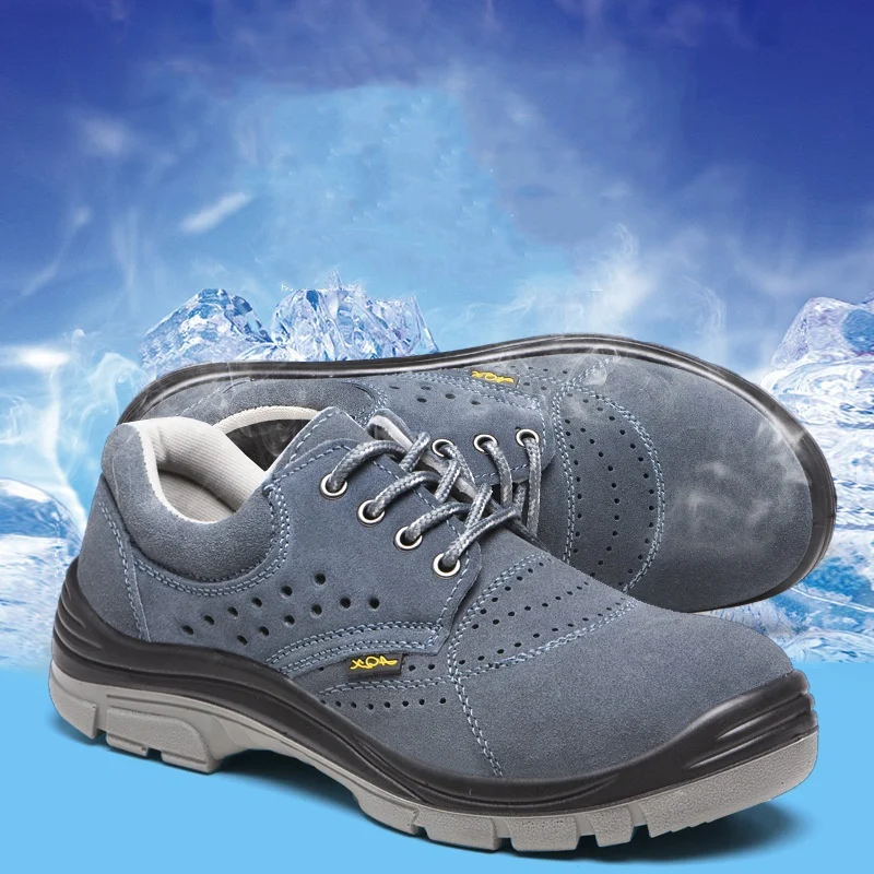 

Мужская повседневная дышащая рабочая обувь большого размера со стальным носком, серая защитная обувь из коровьей замши, летняя рабочая обувь, защита