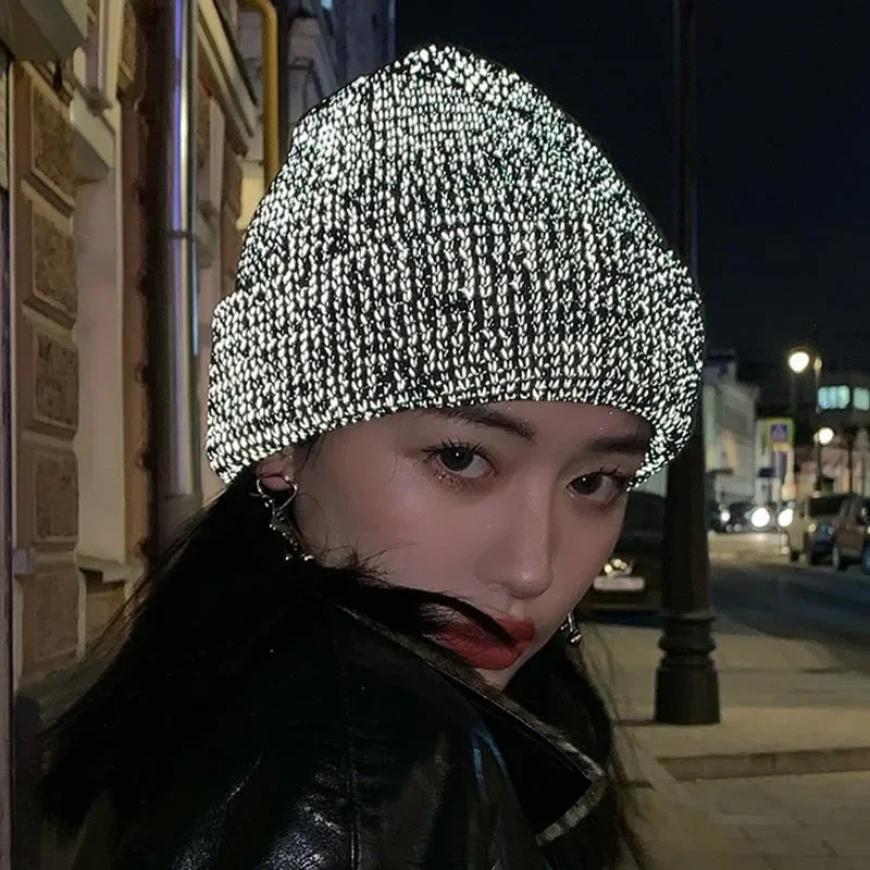 Unisex Reflective Beanie Hats Warm Autumn Winter Y2k Knit Street Skullies Cap Fashion Night Running Ear Protection Pullover Caps