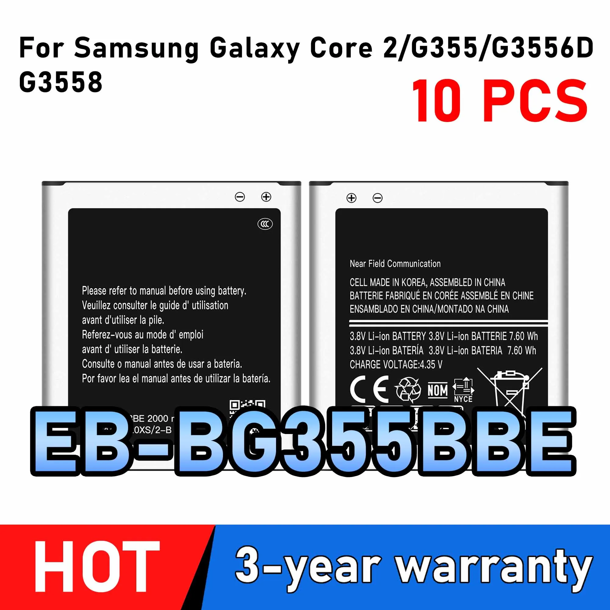 10Pcs EB-BG355BBE 2000mAh Battery For Samsung Galaxy Core 2 G355H G3558 G3556D G355 G3559 SM-G3556D