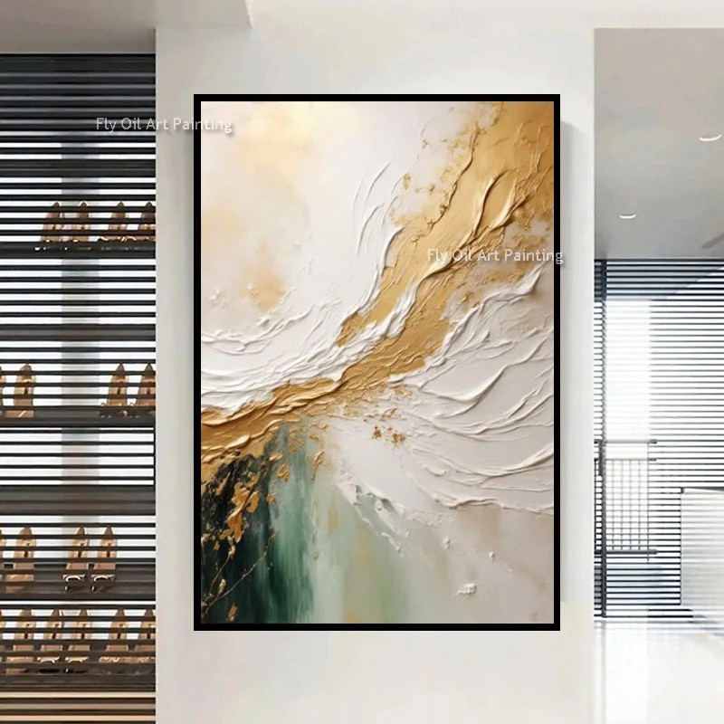 Handmade Gold Foil Ocean Relief Wall Art, Swirl Impasto Texture Painting, Neutral Tones Modern Entry Canvas Wall Decoration