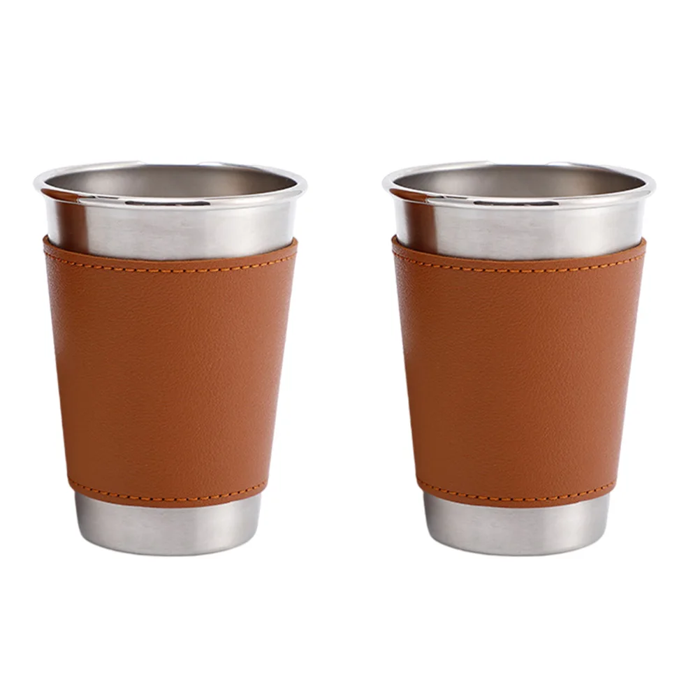 

2pcs Beer Cup Gift Simple Mug Stainless Steel Beverage Storage Anti Scald Pu Cover Home Tableware Party Wedding
