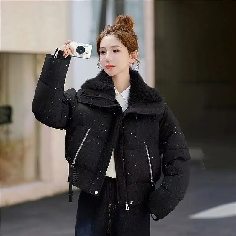 Fashion Lamb Wool Large Lapel Thick Warm Short Cotton-padded Jacket Winter 2026 Women Parkas Casual Windproof Outerwear Female