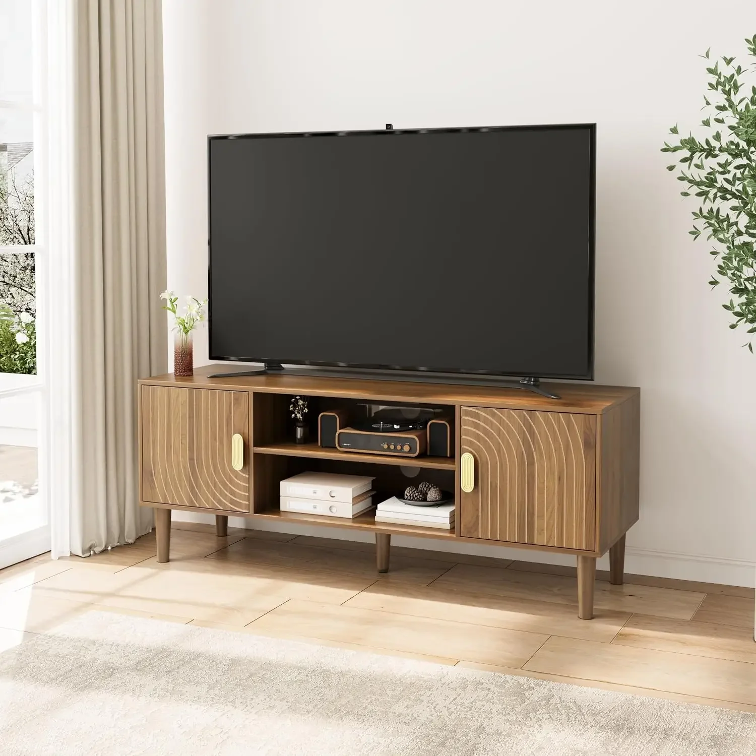 Walnut TV Stand with Line Groove Design, 47.2