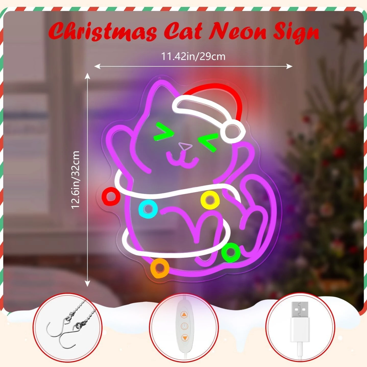 Cat Christmas Neon Sign Dimmable Kitten Neon Light Sign for Bedroom Living Room Kids Room Meowy Cute Decor Gifts for Children
