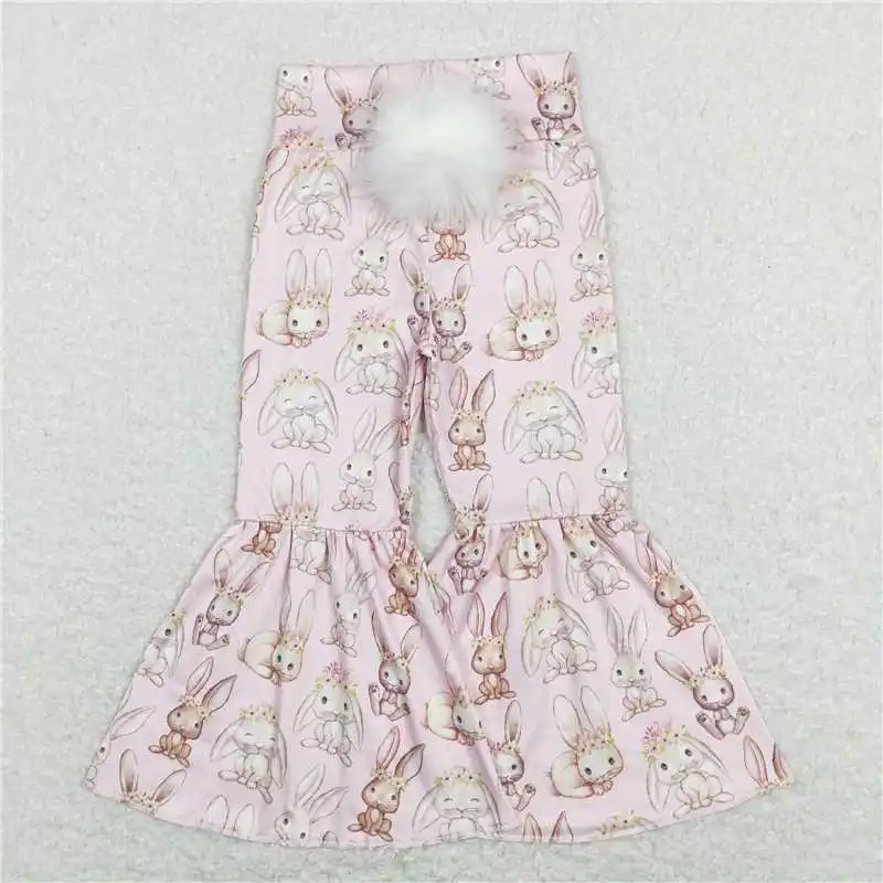 wholesale hot sale baby girls clothes Easter White short-sleeved top with letters flower bunny fur ball tail, pink trousers