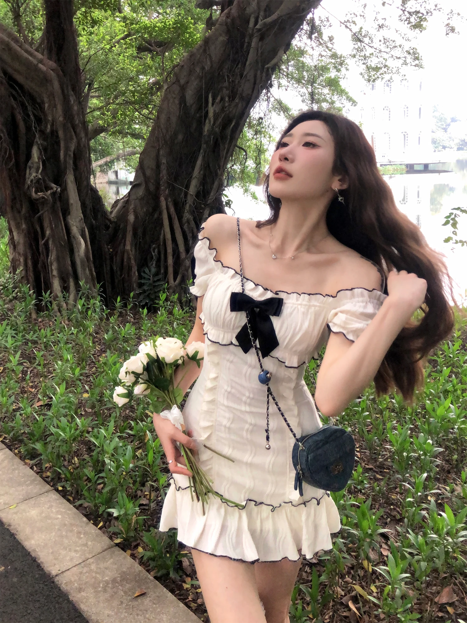 2024 Summer Woman Short Sleeve Y2k Mini Dress Party Slim Sweet Bow Dress Casual Outwear One Piece Dress Korean Fashion Chic