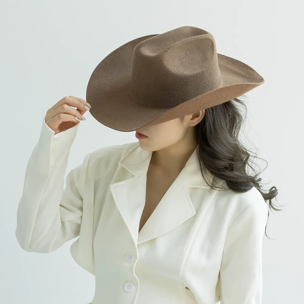Women's Autumn Winter New Fashion Curved Brim Wool Felt Cowboy Hat Outdoor Sun Protection Jazz Cap