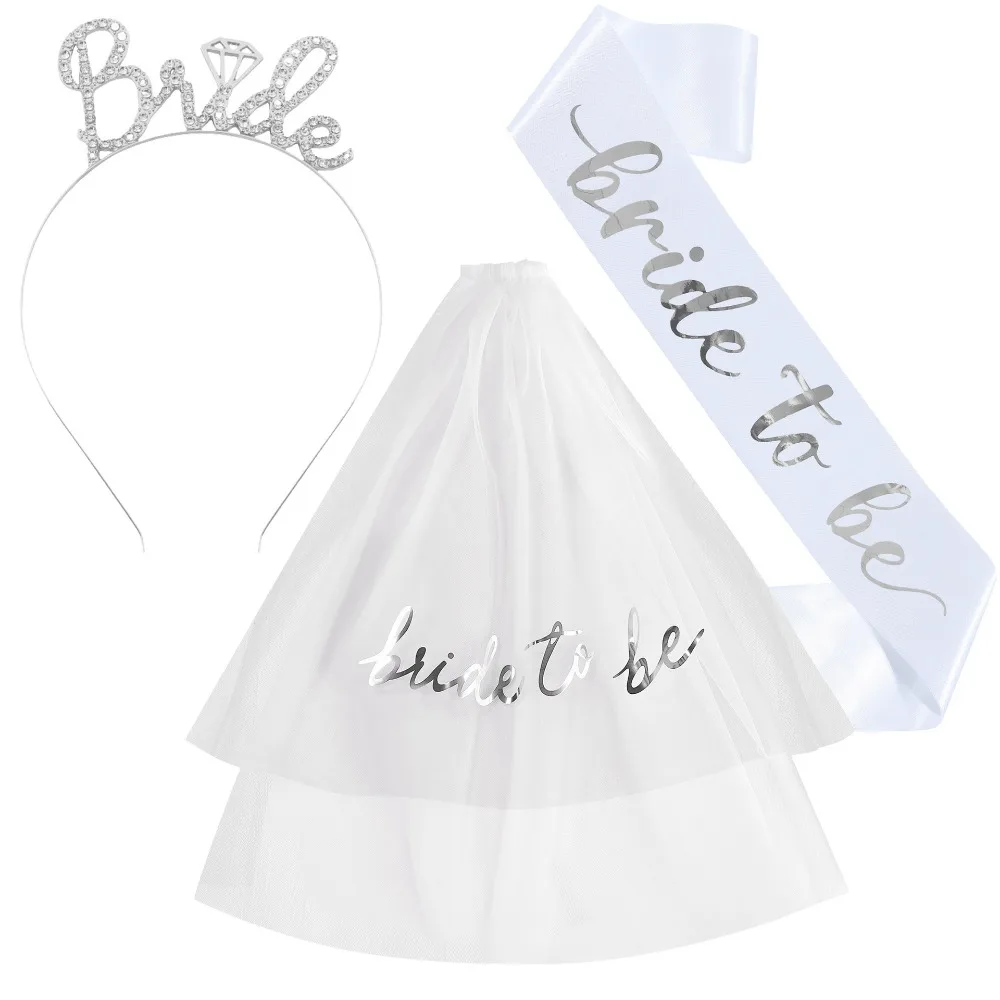3 Stück/Set Braut-Tiara, Stirnband, Schärpe und Schleier für Junggesellinnenabschied, Brautparty, Hochzeit, Mitbringsel, Dekorationen, Zubehör – Detail 2