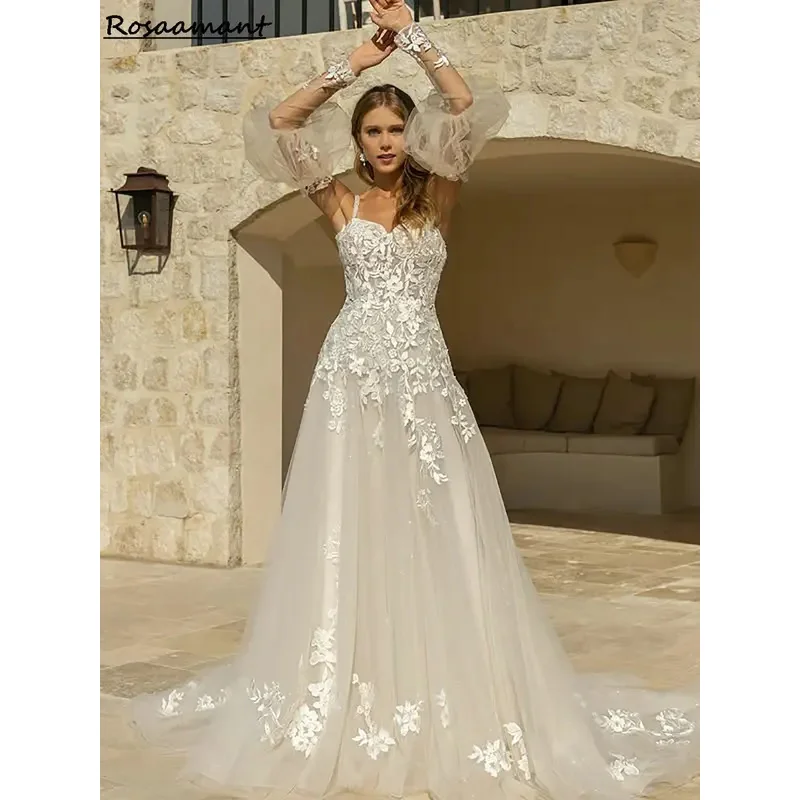 فساتين زفاف رومانسية قابلة للانفصال على شكل حرف a أشرطة سباغيتي مزينة بالدانتيل زي العرائس رداء De Mariée