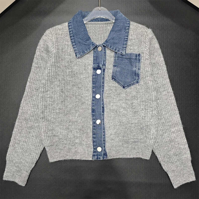 

High-quality wool patchwork denim women's cardigan single-button lapel spring autumn clothing 251016170
