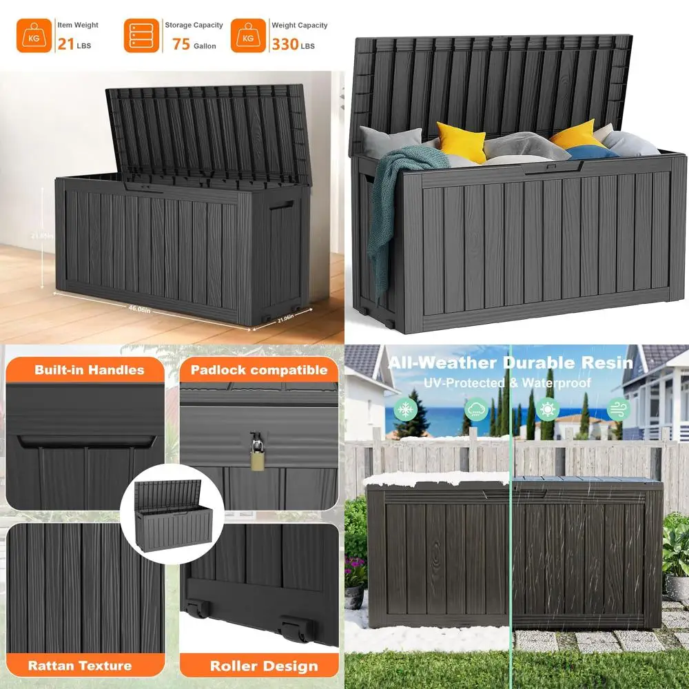 

Водонепроницаемый ящик для хранения на террасе объемом 75 галлонов с замком, для уличной мебели, сада и инструментов - черный