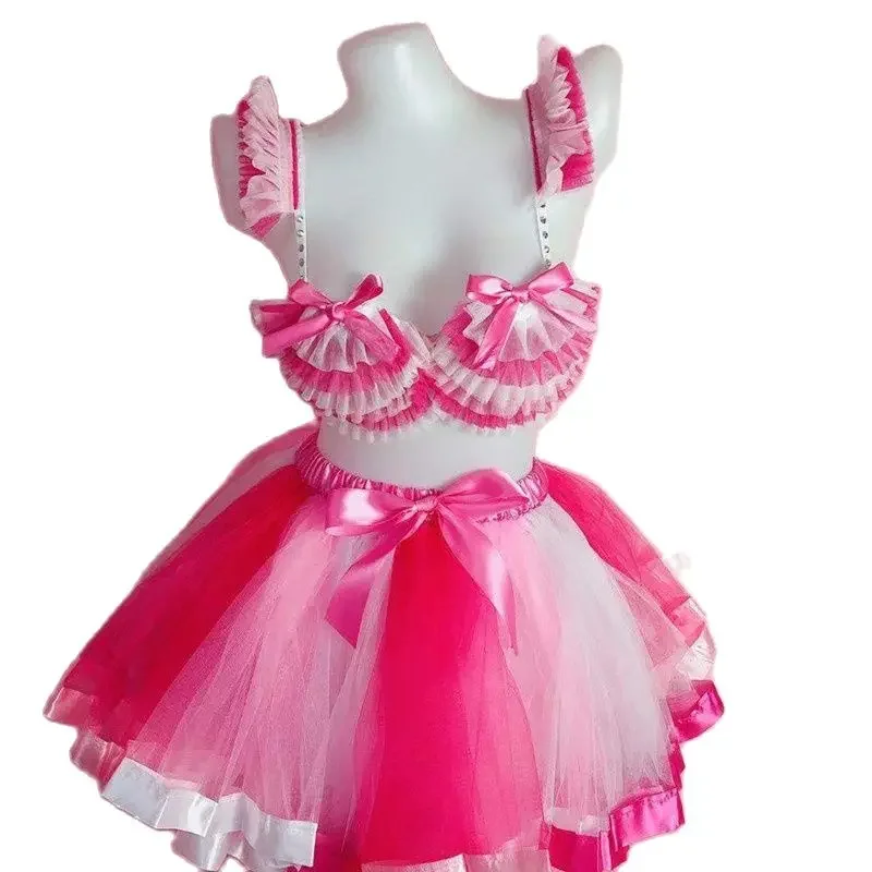 Feminino rosa biquíni mini saia conjunto sexy equipe de dança gogo outfit bar boate festa palco wear dançarino cantor desempenho traje b