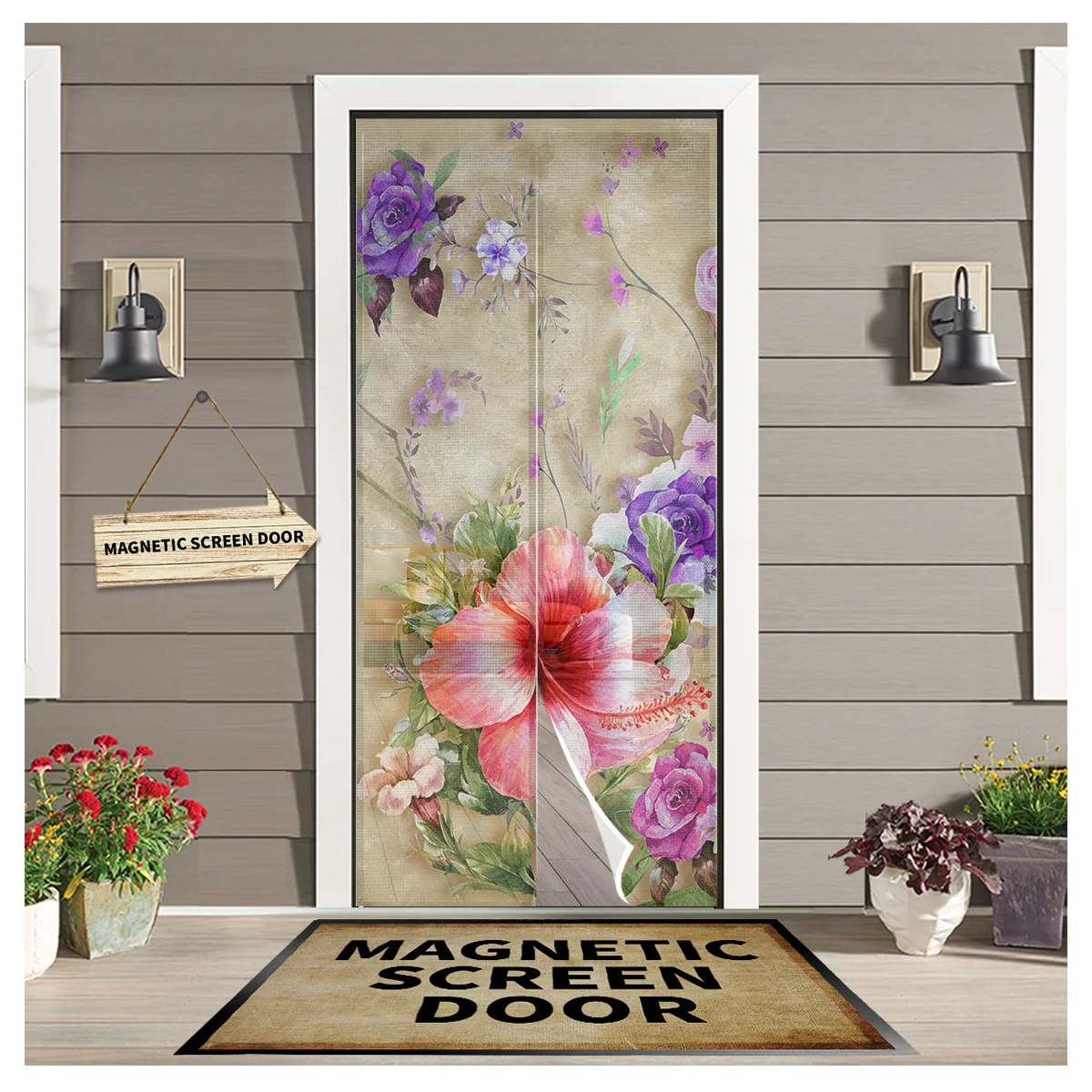 Morning Glory Retro Flower Abstract Magnetic Screen Door Curtain Living Room Bedroom Kitchen Anti-mosquito Window Screen