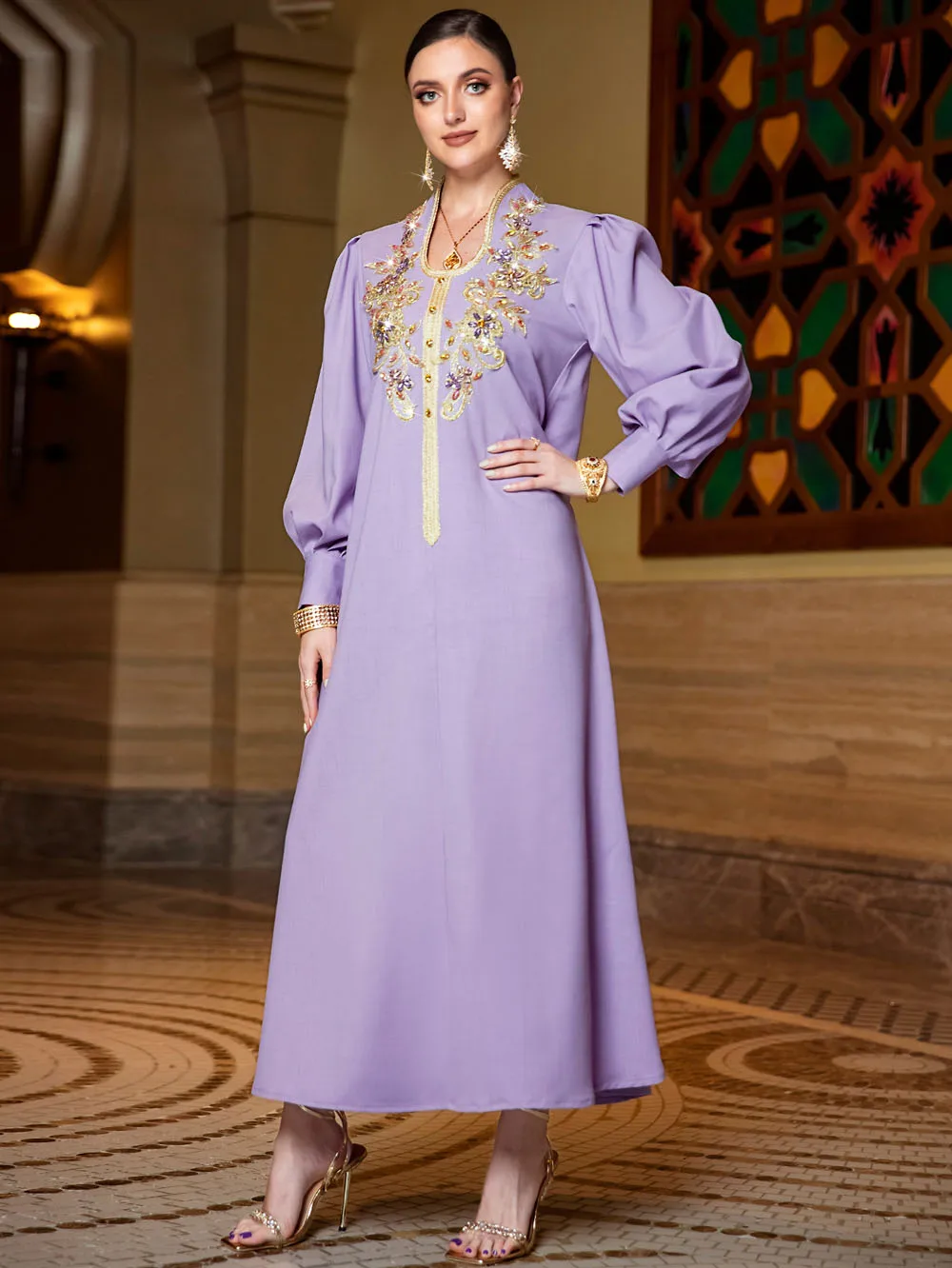 Big Size Purple Dubai Luxury Dress For Women Rhinestone Evening Party Muslim Long Sleeve Elegant Gala Dresses Turkey Saudi Robe