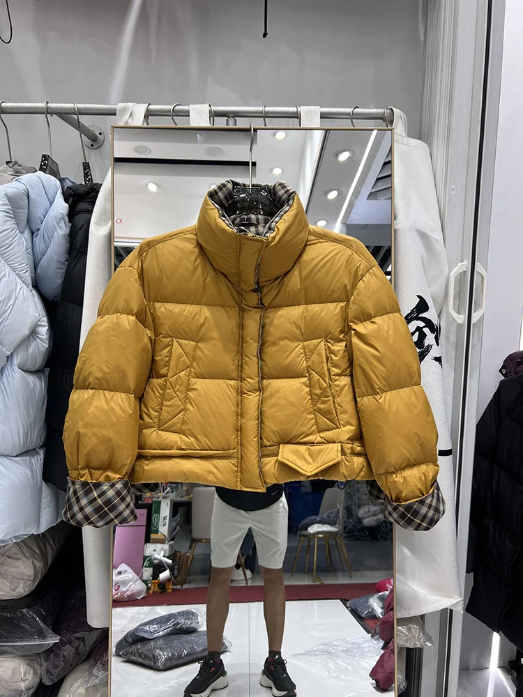 2025年新作 ダウンジャケット レディース ショート丈 スタンドカラー チェック柄 デザイン感 ルーズ 多用途 カジュアル ホワイトダックダウンジャケット