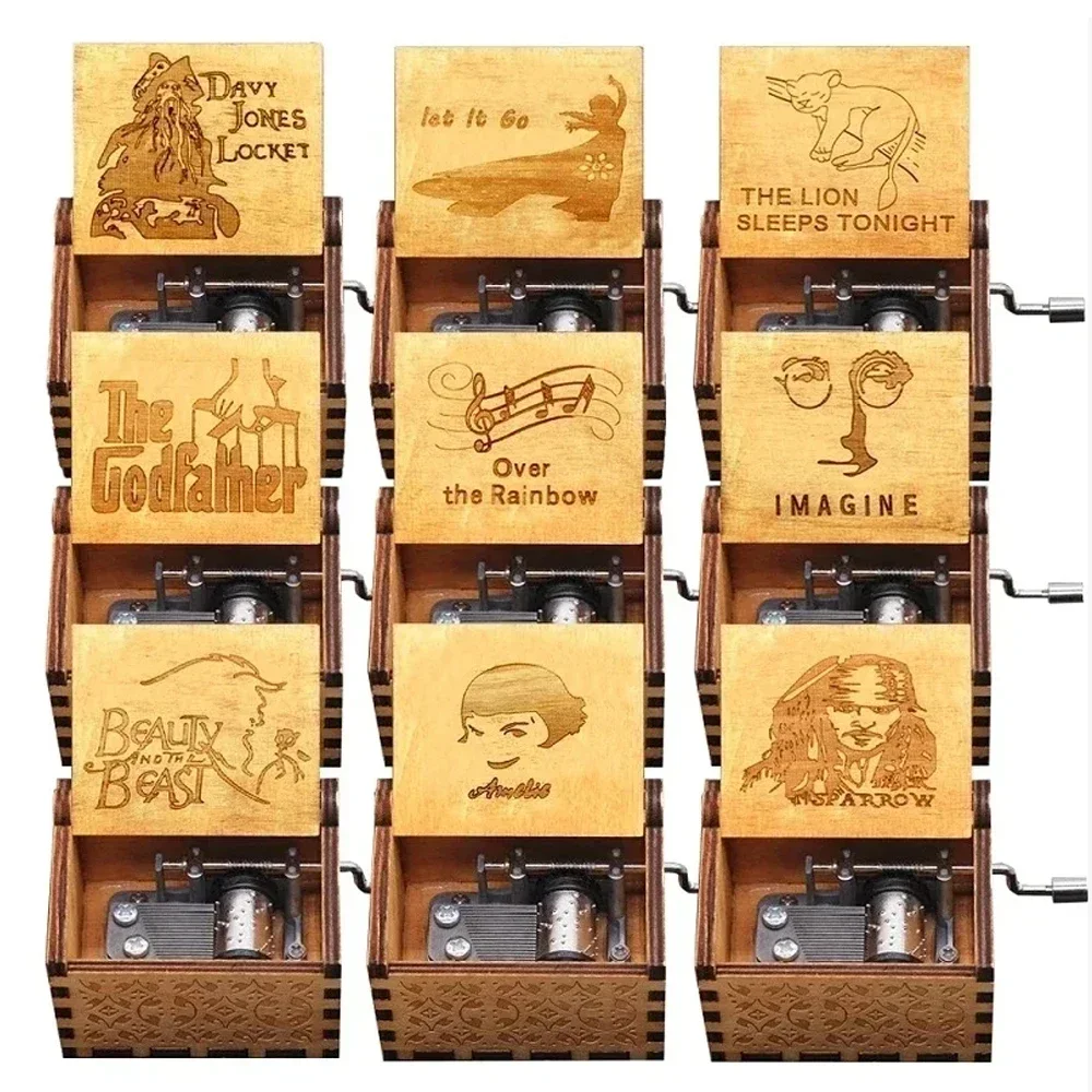 

2026 HOT Antique carved Wooden Hand Crank Happy Halloween Music Box You are my sunshine Halloween Decor Christmas Birthday Gift