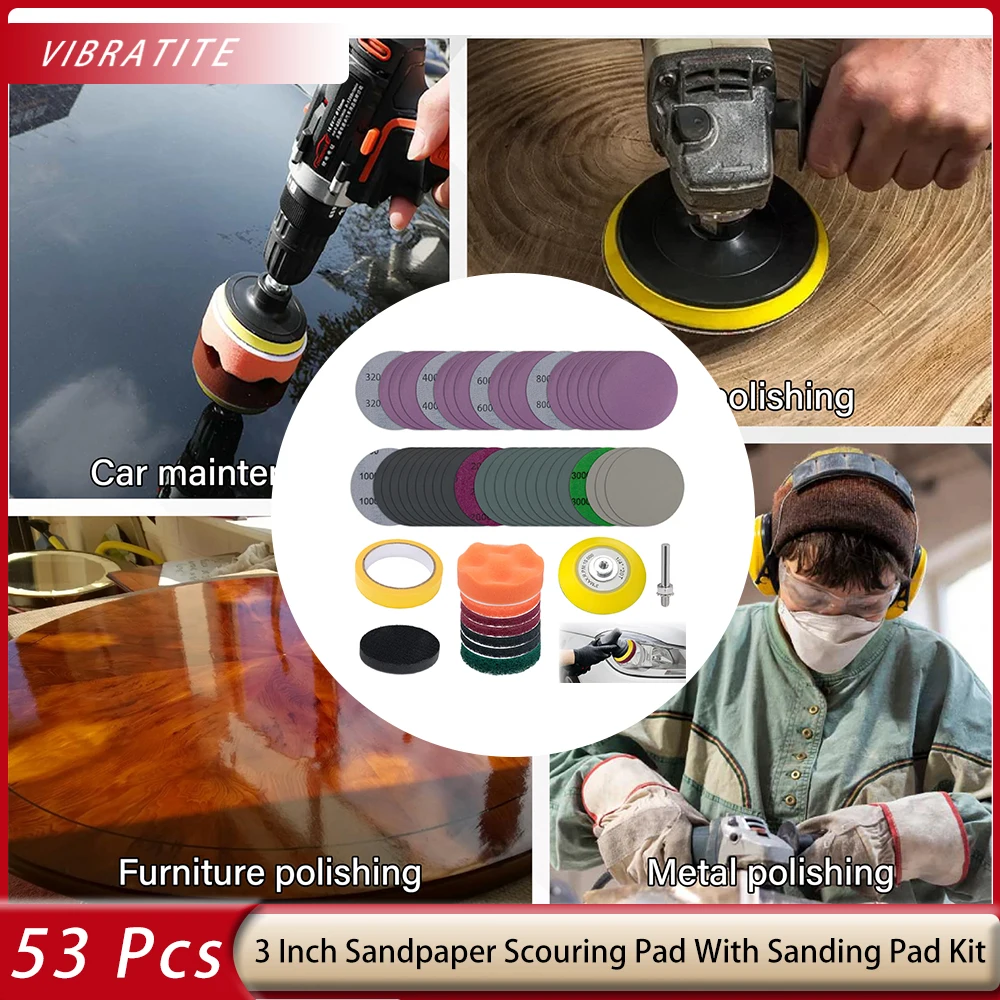 

53 шт. 3-дюймовых абразивных кругов (наждачных) с разной зернистостью (320) # -3000 # для детейлинга автомобилей, уборки на кухне и дома