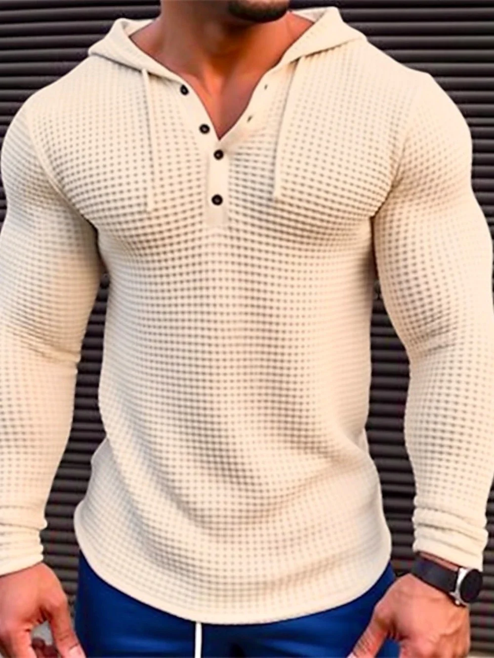 Spring Solid Color Slim Fit Long Sleeved T-shirt, Men\'s Hooded Breathable Sports Top, Waffle Cotton Casual Long Sleeved Shirt