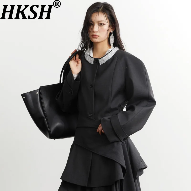 

HKSH Spring Autumn New Women Blazer Tide Sashes Pleated Ruffles Oversized O-Neck Coat Trendy High Street Ins Jacket Tops HK12654