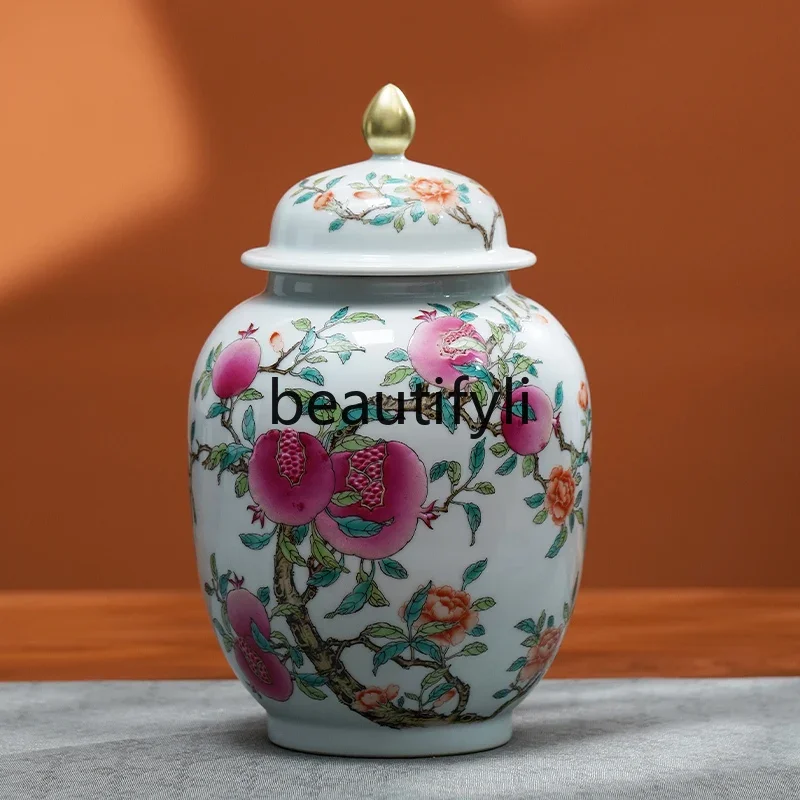 Selected pastel peach tea can, purely hand-painted Jingdezhen ceramic high-end tea set, wake up tea lid can