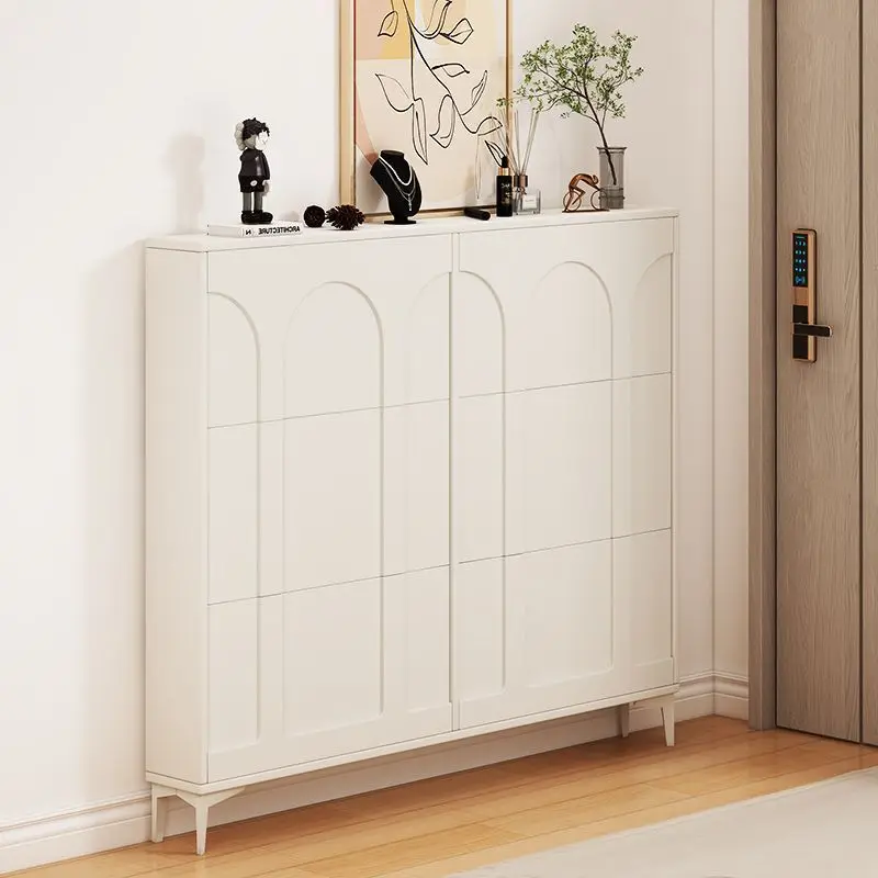 Cream ultra-thin tipping bucket shoe cabinet household door entry against the wall door storage entrance integrated large-capaci