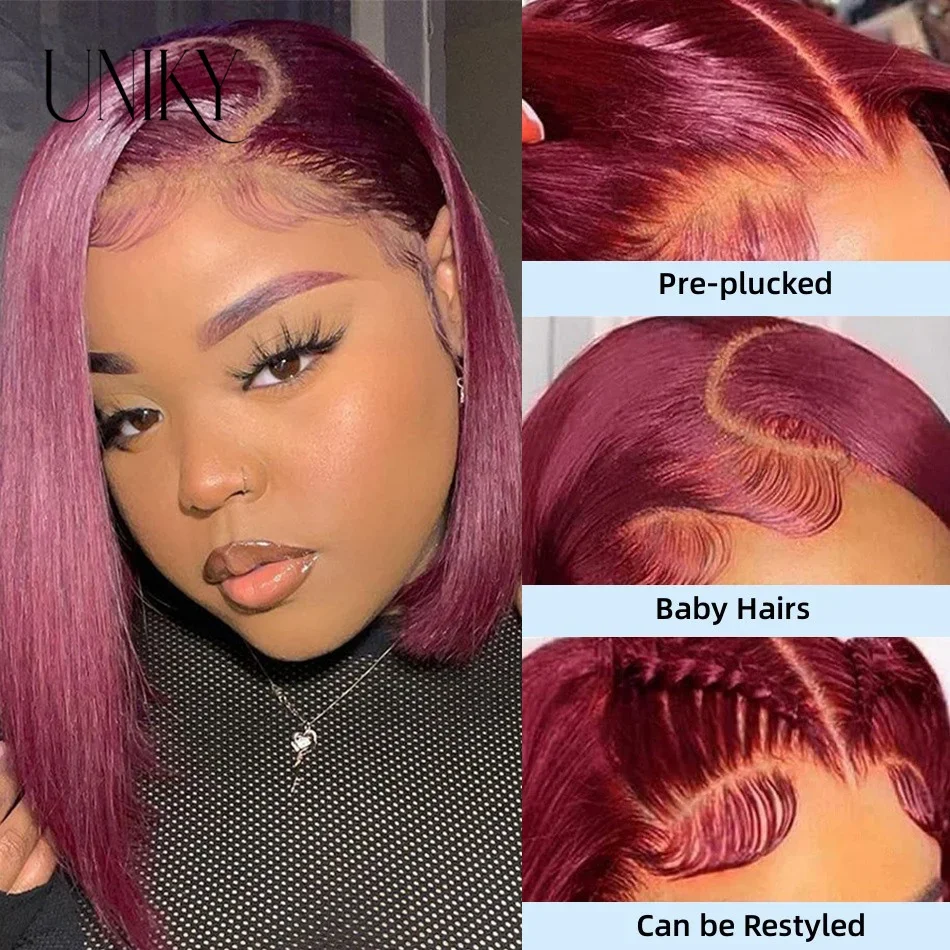 Uniky Hair Glueless HD Bone Straight Short Bob Wigs Wear Go 6x4 Transparent 99j Burgundy Lace Front Wigs Human Hair PrePlucked