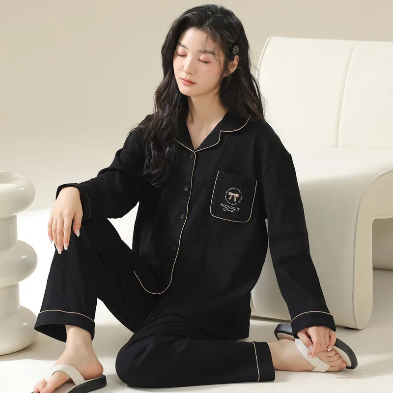 Popular long-sleeved pajamas women's cotton  spring and autumn Sleepwear trousers cardigan plus-size loungewear casual Homewear