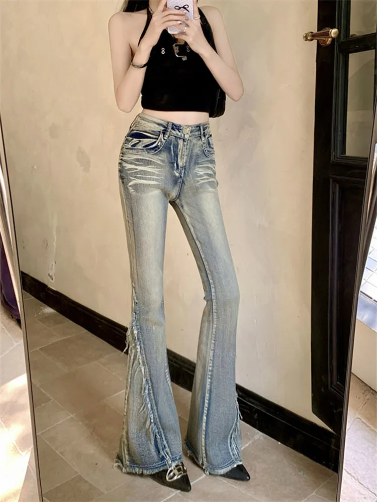 Fashion Raw Edge Splicing Jeans Woman Plus Size American Retro Hottie Slim Floor Mopping Casual Bell Bottoms High Waisted Jeans