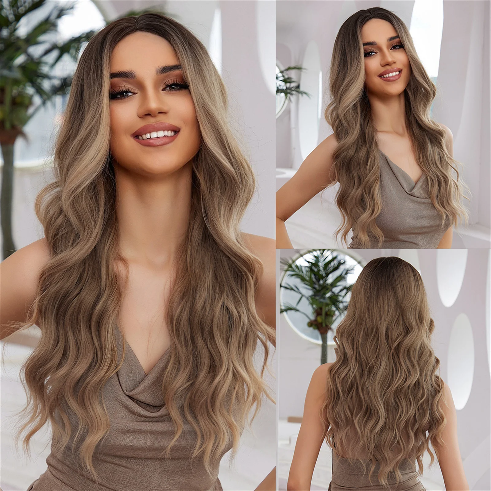Średnio długie peruki z włókien syntetycznych Middle Ombre Top Dark Color to Brown Hair Peruka dla dziewcząt i pań Naturalne miękkie codzienne