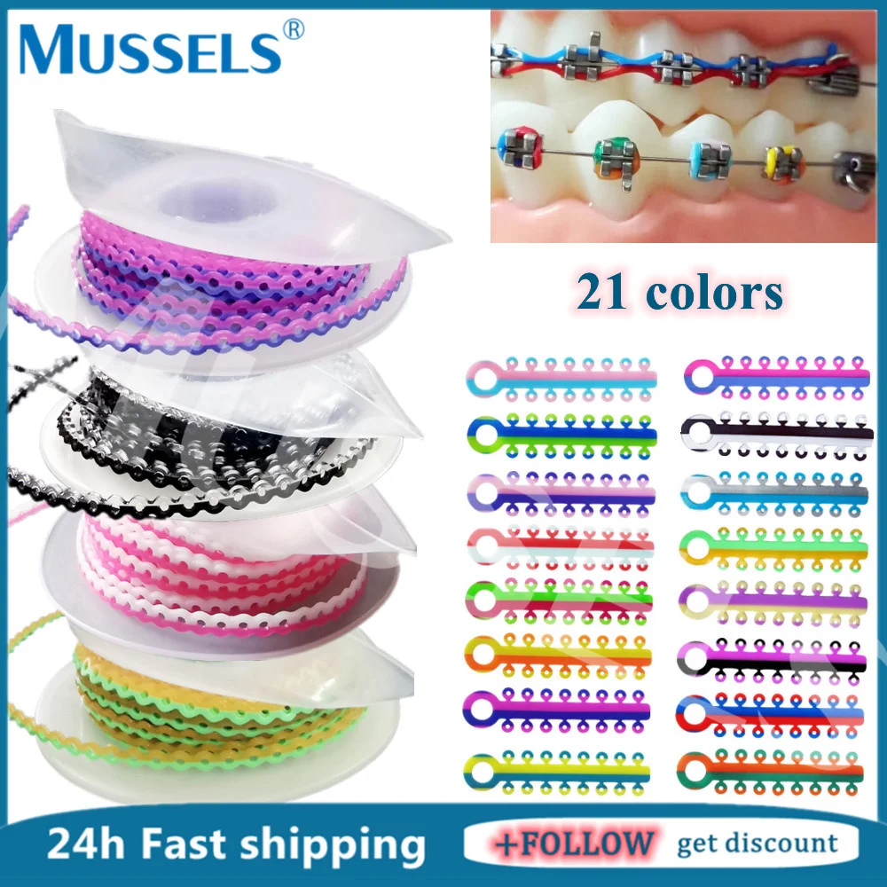 Ligaduras elásticas de ortodoncia Dental, 21 colores, cadena eléctrica para tirantes, bandas de goma, soportes de odontología, continuo, largo y