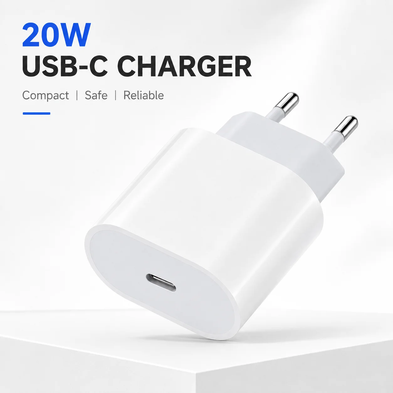 شاحن سريع بقوة 20 واط بتقنية PD مع منفذ USB-C وقابس أوروبي وكابل من نوع C للشحن السريع، مناسب لهواتف آيفون وآيباد وسامسونج وون بلس.