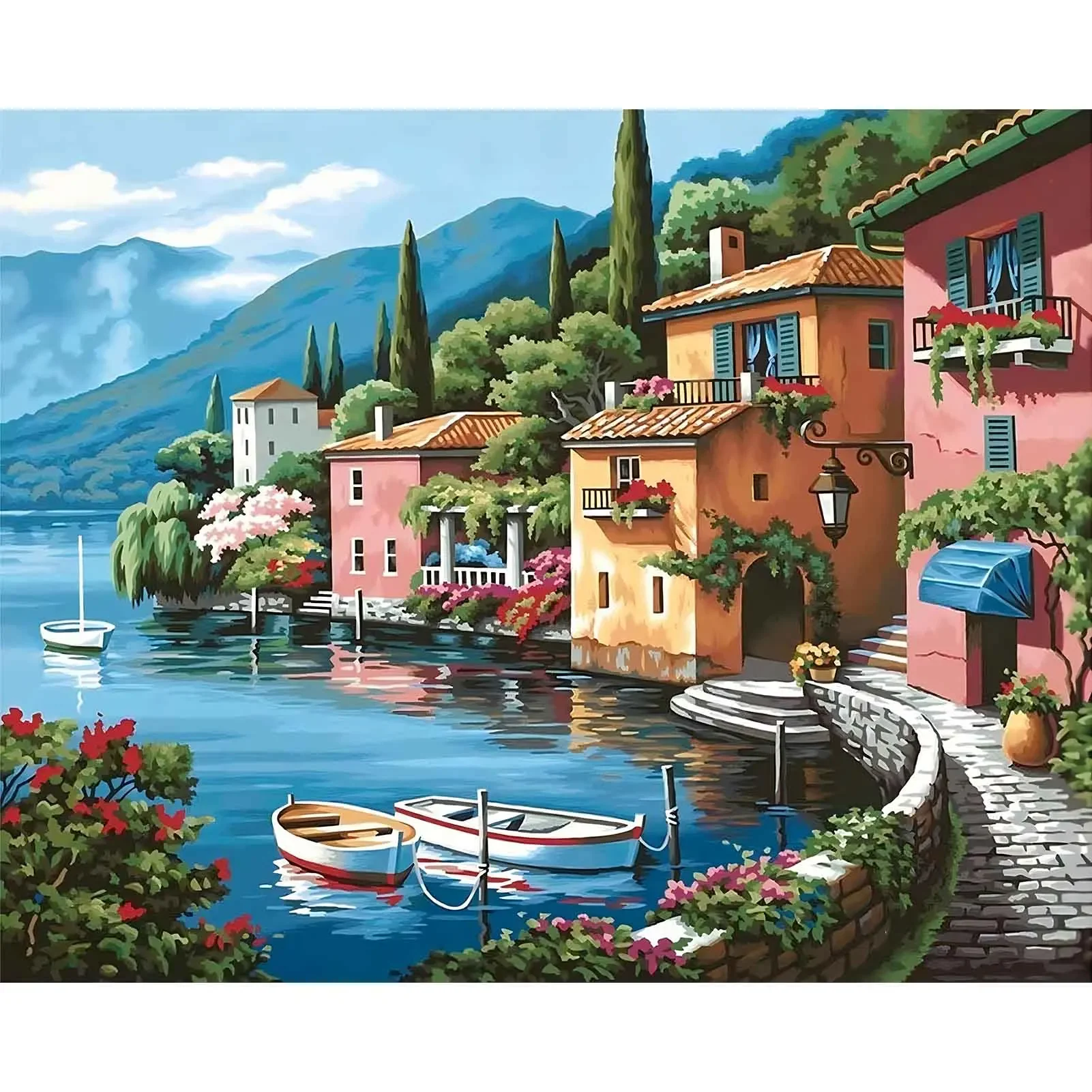 DIY Paint by Numbers Kit for Adults -Lakeside Town, Acrylic Digital Oil Painting Art on Canvas Wall Decor Gift No Frame