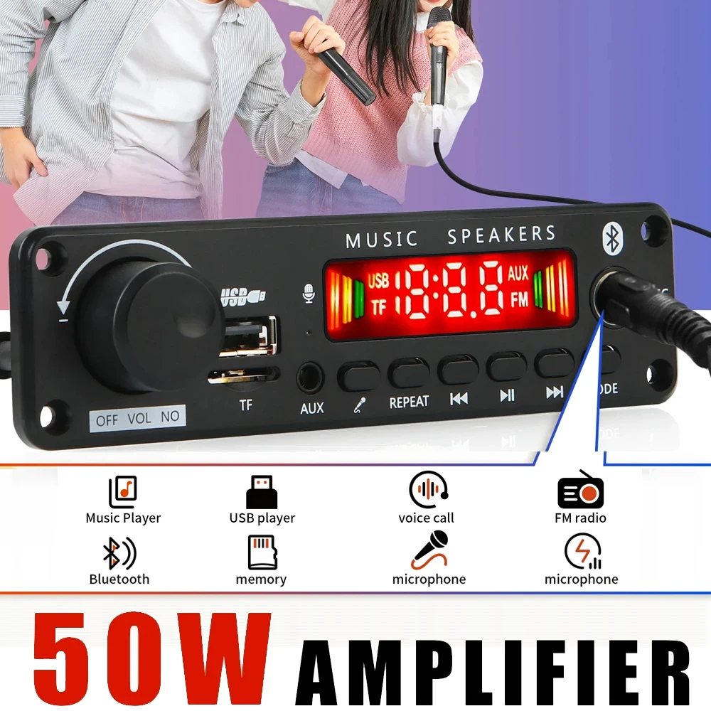 50W DIY Amplifier Bluetooth Decoder Board 12V 6.5mm Microphone FM Radio TF USB Car Audio Music Player Speakers Volume Control