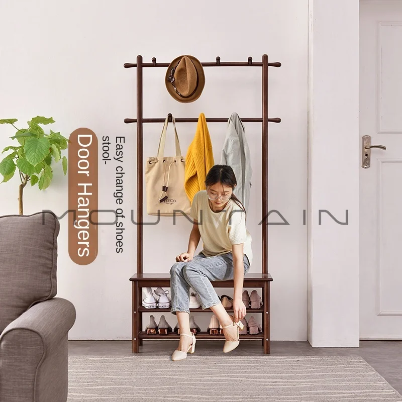 Bedroom floor-to-ceiling solid wood coat rack, change shoes at the door, new Chinese-style door-to-door seating shoes