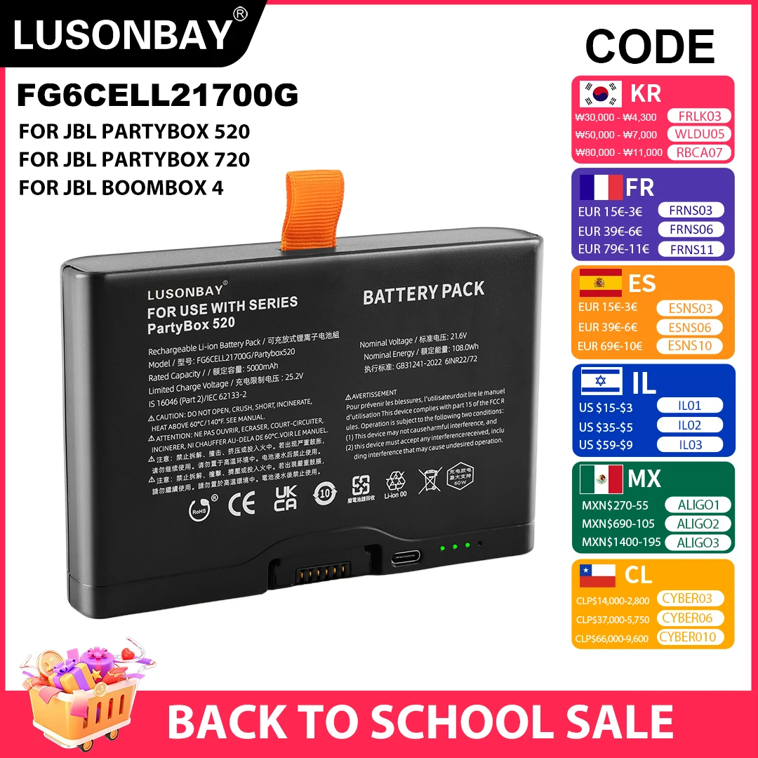 LUSONBAY FG6CELL21700G Ersatz-Li-Ionen-Akku für JBL 600 für PartyBox 520 720 Boombox4 Bluetooth-Lautsprecher mit Typ-C-Kabel