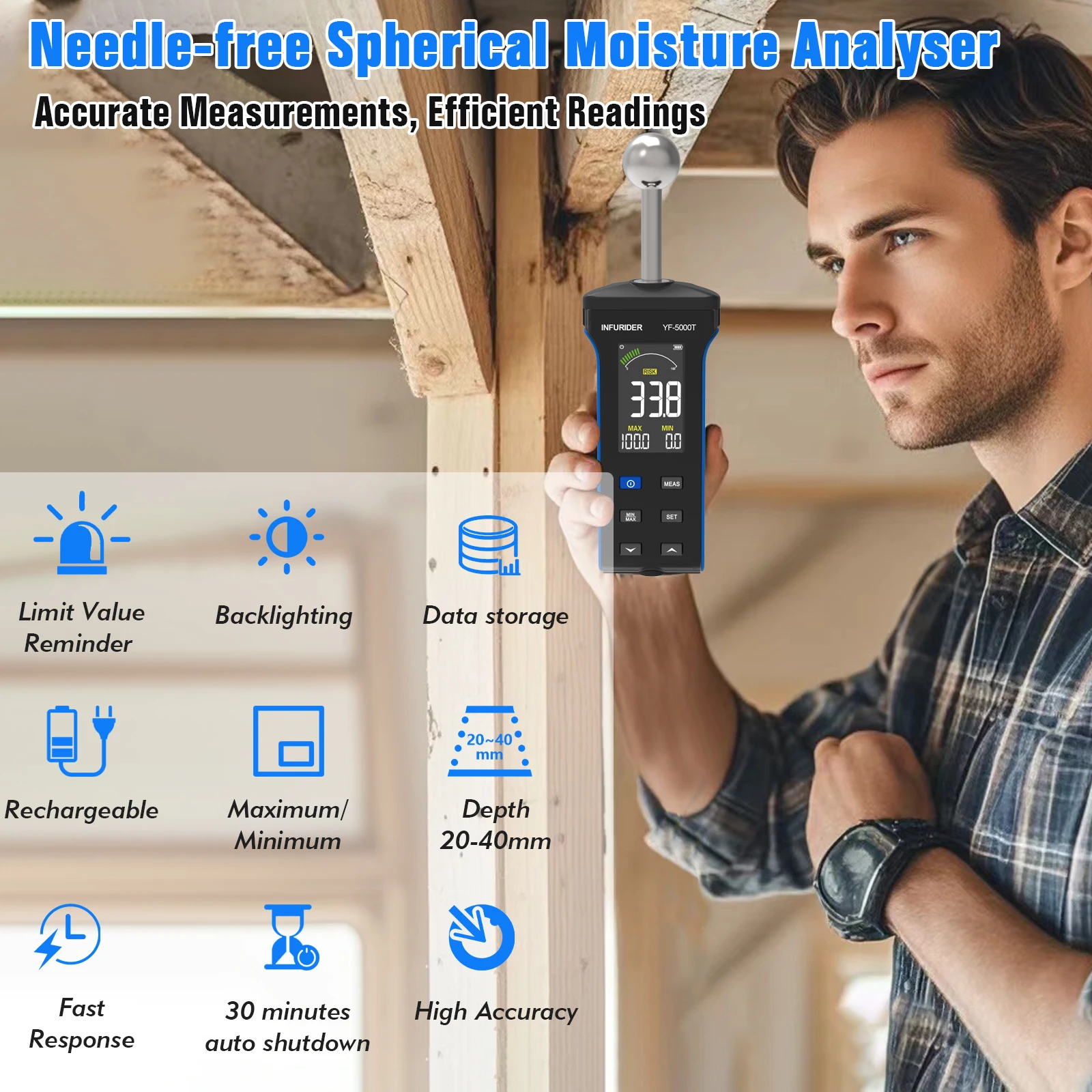 Professional Digital LCD Screen Hygrometer Alarm Wood Moisture Non-contact Timber Damp Detector Humidity Tester Pinless Detect