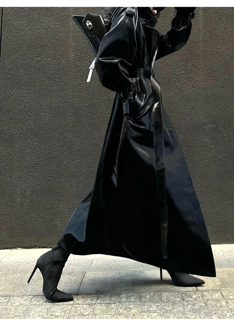 Lautaro Spring Autumn Extra Long Oversized Cool Reflective Shiny Black Patent Leather Trench Coat for Women Belt Runway Fashion
