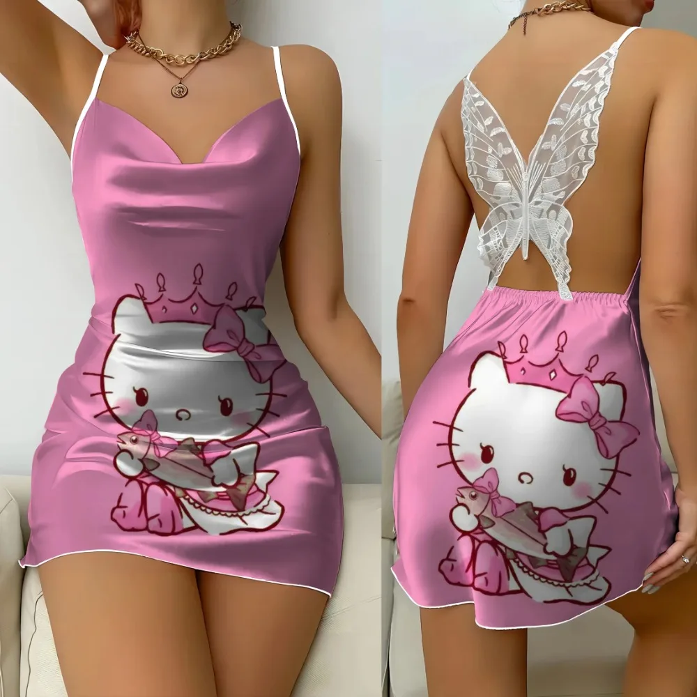Kurze Kleider mit Satinoberfläche, Hello Kitty, Schleife, Knoten, Heimkleid, Pyjama, modisch, bequemer Rock, Damenmode, Sommer 2025,