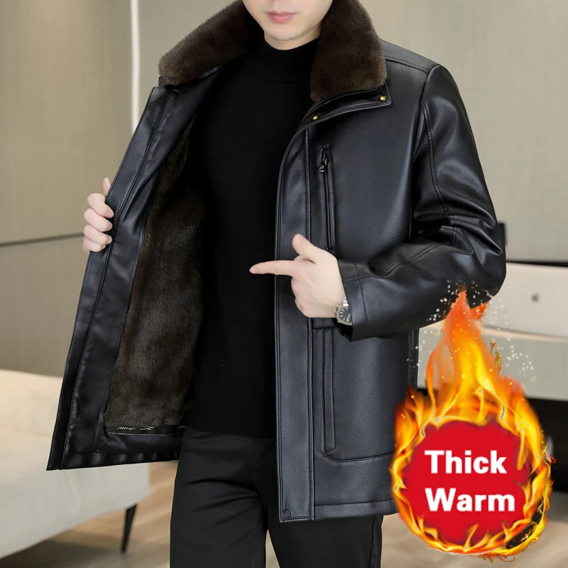 Winter Fur-lined Thickened Leather Jacket For Men Business Casual Mid-length Men's Faux Leather Jacket Men Pu Chaqueta Cuero