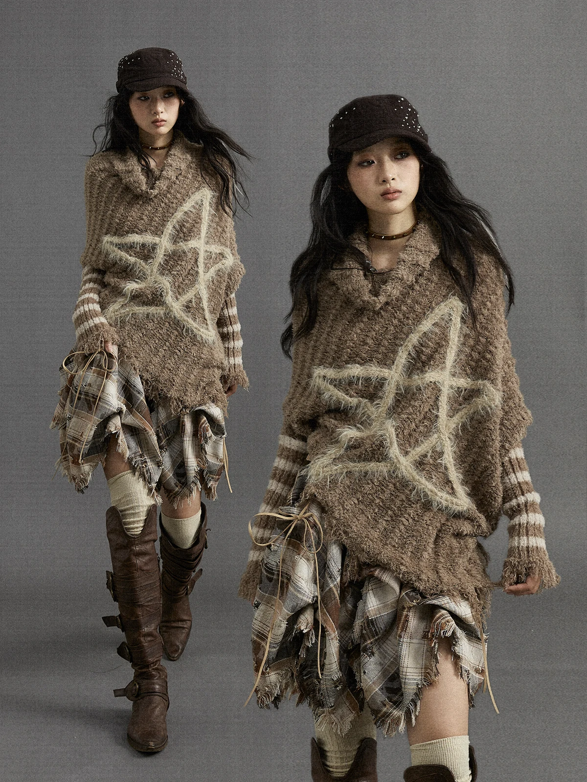 

Street Punk Loose Knitted Sweater Soft Nylon Fiber Winter Warm Thiened Five-Pointed Star Striped Fem Faion NO ROMANCE