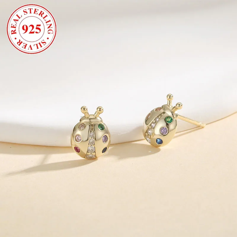 925 Sterling Silver Colorful Zirconia Small Seven Star Ladybird Lady Earrings Hypoallergenic Suitable for Women Fashion Jewelry