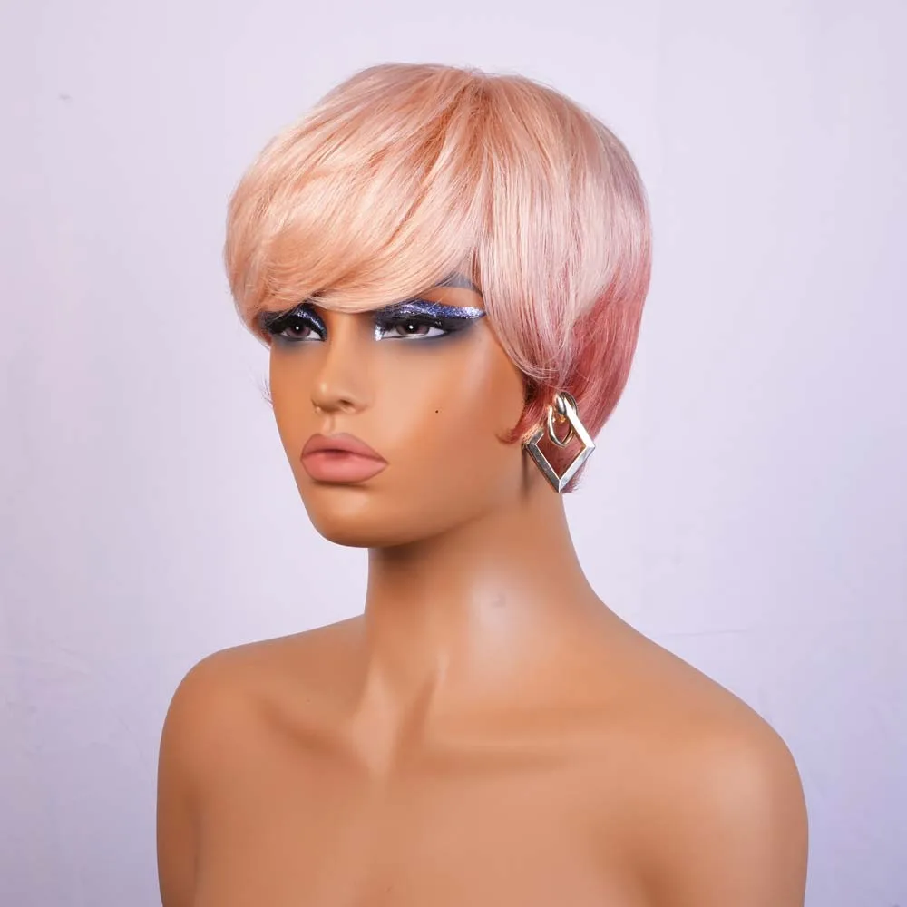 Розовый короткий парик из натуральных волос, парик с стрижкой пикси с челкой, человеческие волосы Remy, машинное производство, парики для чернокожих женщин