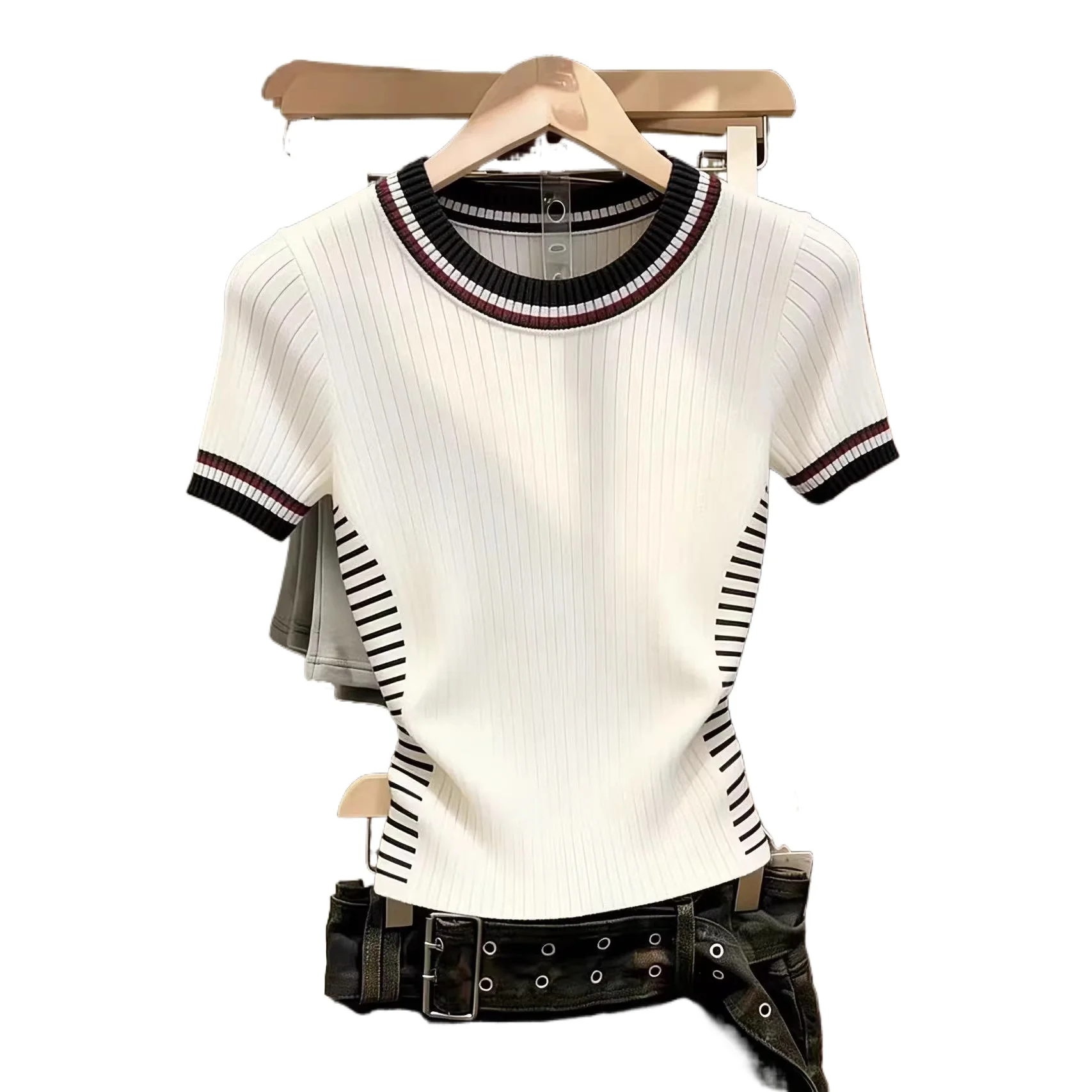 Spring and Summer 2026 New Temperament High-end Shoulder Knitted Short-sleeved T-shirt Waist Thin and Good-looking Striped Top