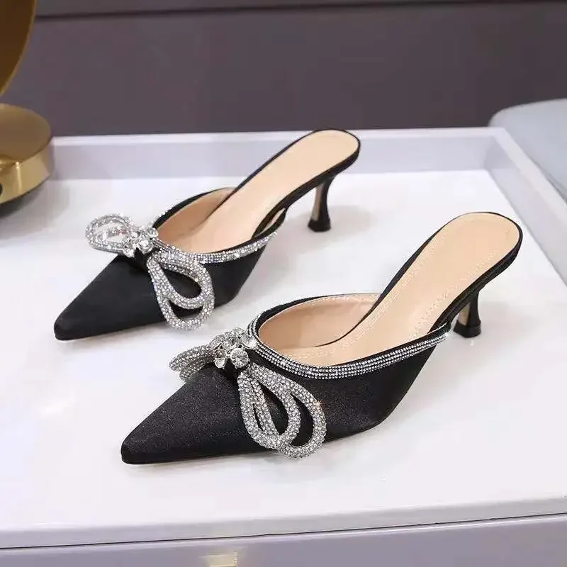 2024 Summer New Bow Pointed Rhinestone Baotou Shallow Mouth Slippers Middle Heel Fashion Women\'s Shoes