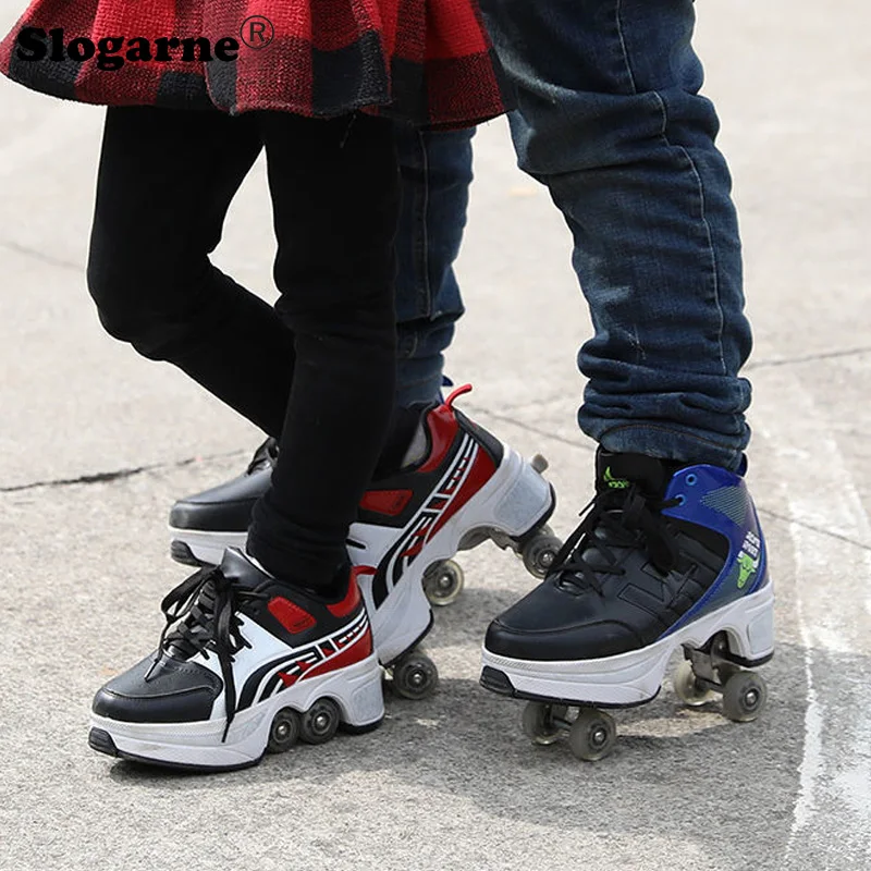 

Kids Leahter 4 Wheels Roller Skates Shoes Casual Deformation Parkour Sneakers Boy Rounds Running Sport Skate Shoes Inline Saktes