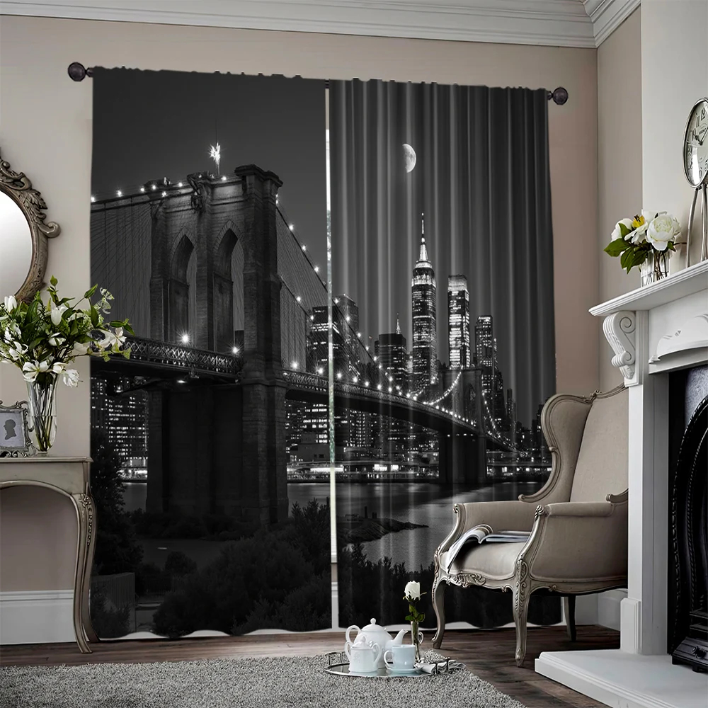 2pcs, 2D flat Party Curtain Designer New York City Night View City Life Brooklyn Manhattan Machine Washable Fabric,Without
