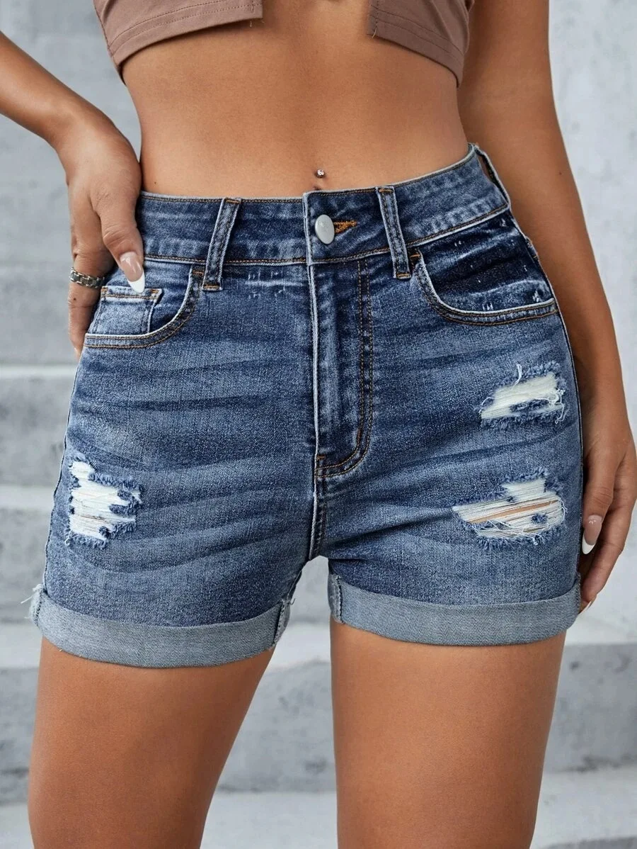 2023 Summer New Women\'s Mid-Waist Ripped Denim Shorts Fashion Sexy Elastic Rolled Skinny Jeans Shorts S-2XL Drop Shipping